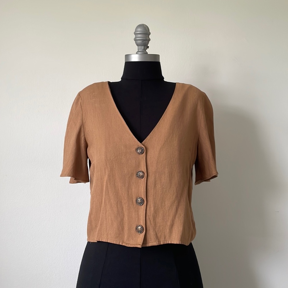 Forever 21, Tan Short Sleeved, Cropped Blouse - Small